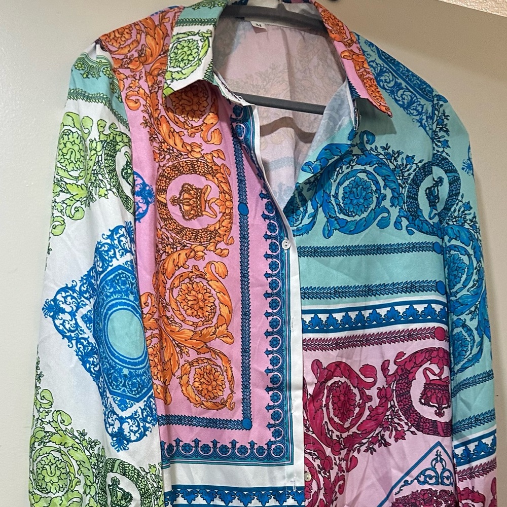 Silky Satin Multi-Colored Button Down Size Medium - image 2